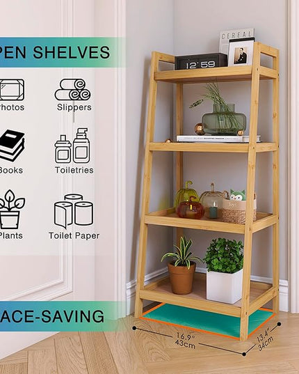 SMIBUY Bamboo Ladder Bookcase, Bathroom Storage Rack Organizer, 4 Tier Freestanding Plant Display Stand Space Saver Shelves for Bedroom, Kitchen, Balcony (Natural) - LeafyLoom