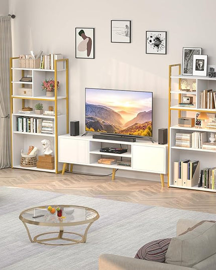 White Industrial Bookshelf, 6 Tier Tall Bookshelves Wood and Gold Metal Frame Standing Bookcase, Display Book Shelf with Adjustable Storage Shelves for Home Office, Living Room, Bed Room, White - LeafyLoom