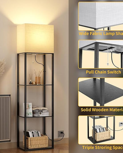 Dott Arts Floor Lamp with Shelves, Wide Floor Lamps for Living Room Display Shelf Lamps with 3 Color LED Bulb,Storage Wood Modern Floor Lamp for Bedroom Standing Lamp for Living Room Office（Black） - LeafyLoom
