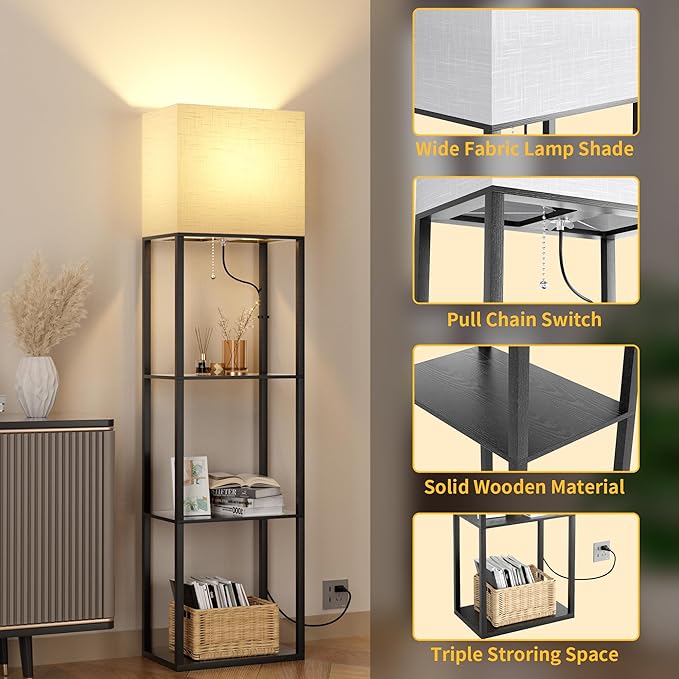 Dott Arts Floor Lamp with Shelves, Wide Floor Lamps for Living Room Display Shelf Lamps with 3 Color LED Bulb,Storage Wood Modern Floor Lamp for Bedroom Standing Lamp for Living Room Office（Black） - LeafyLoom