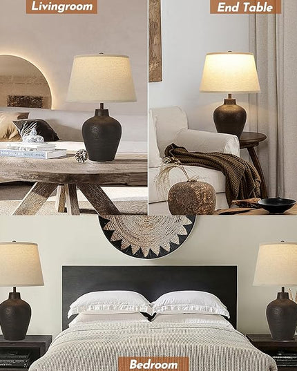 Farmhouse Rustic Table Lamps Set of 2 for Bedroom Living Room End Table Dark Brown Terracotta Nightstand Lamps Bedside Lamps Home Decor 21” Tall, Bulbs Included - LeafyLoom
