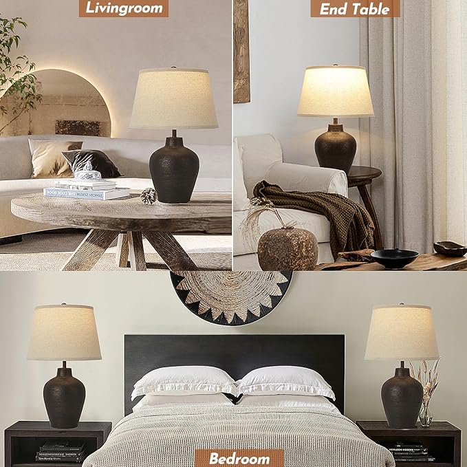 Farmhouse Rustic Table Lamps Set of 2 for Bedroom Living Room End Table Dark Brown Terracotta Nightstand Lamps Bedside Lamps Home Decor 21” Tall, Bulbs Included - LeafyLoom