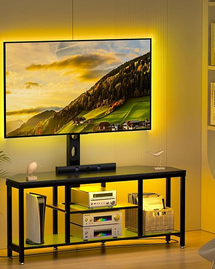 Corner TV Stand LED, Universal TV Mount Stand for 32-60" TV, Height Adjustable Swivel TV Console Wood & Steel Entertainment Center with Mount, Cabinet, Power Outlet, Colorful LED Light, Black - LeafyLoom