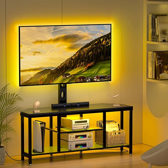 Corner TV Stand LED, Universal TV Mount Stand for 32-60" TV, Height Adjustable Swivel TV Console Wood & Steel Entertainment Center with Mount, Cabinet, Power Outlet, Colorful LED Light, Black - LeafyLoom