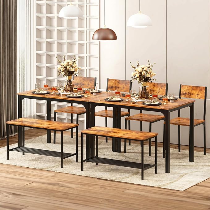 sogesfurniture 4 Piece Dining Table Set, Dining Room Set, Kitchen Dinner Table with Benches for 4, includes Table, 2 Chairs & Bench, Rustic Brown - LeafyLoom