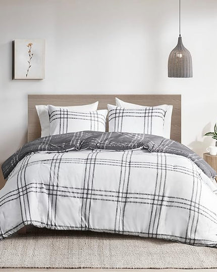 Intelligent Design Pike Reversible Comforter Set, Cottage Plaid Print, Modern Cabin Lifestyle, Down Alternative, All Season Bedding with Matching Sham, Full/Queen White/Grey 3 Piece - LeafyLoom