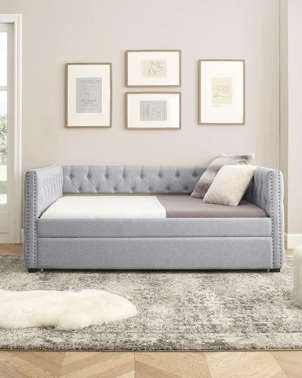 RITSU Modern Daybed with Casters, Upholstered Tufted Pull-Out Sofa Bed, Linen Solid Wood Structure, Square Arms w/Buttons and Copper Nails Accent, Suitable for Bedroom, Apartment, 85.00, Grey-2 - LeafyLoom