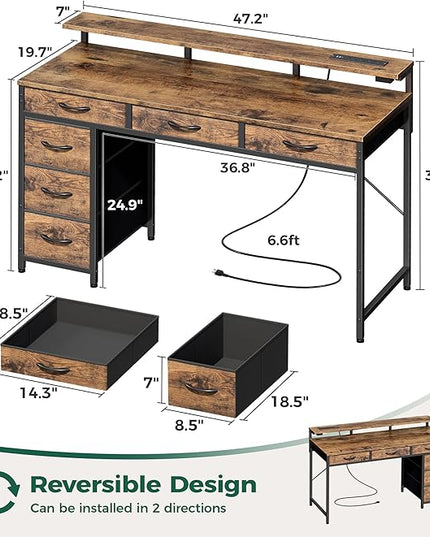 Gaming Desk with 6 Drawers, Computer Desk with LED Lights Power Outlets and Type-C, 47 Inch Office Desk with Storage, Monitor Stand, Writing Desk Work Desk for Home Office, Study, Rustic Brown - LeafyLoom
