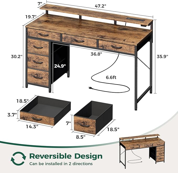 Gaming Desk with 6 Drawers, Computer Desk with LED Lights Power Outlets and Type-C, 47 Inch Office Desk with Storage, Monitor Stand, Writing Desk Work Desk for Home Office, Study, Rustic Brown - LeafyLoom