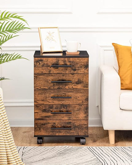 HOOBRO 5-Drawer Chest, File Cabinet, Office Cabinet, Filing Cabinet with Drawers, Wooden Cabinet with Wheels, Storage Cabinet for Makeup, for Home Office, Study, Easy Assembly, Rustic Brown BF05WJ01 - LeafyLoom