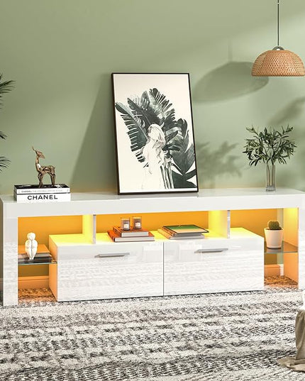 Clikuutory Modern LED 63 inch Long TV Stand with Large Storage Drawer for 50 55 60 65 70 75 Inch TVs, White Wood TV Console with High Glossy Entertainment Center for Living Room, Bedroom, White - LeafyLoom