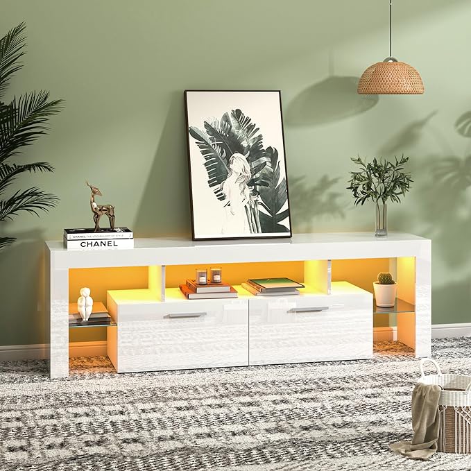 Clikuutory Modern LED 63 inch Long TV Stand with Large Storage Drawer for 50 55 60 65 70 75 Inch TVs, White Wood TV Console with High Glossy Entertainment Center for Living Room, Bedroom, White - LeafyLoom