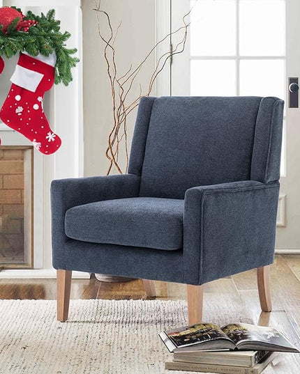 COLAMY Modern Wingback Living Room Chair, Upholstered Fabric Accent Armchair, Single Sofa chair with Lounge Seat and Wood Legs for Bedroom/Office/Reading Spaces, Blue - LeafyLoom