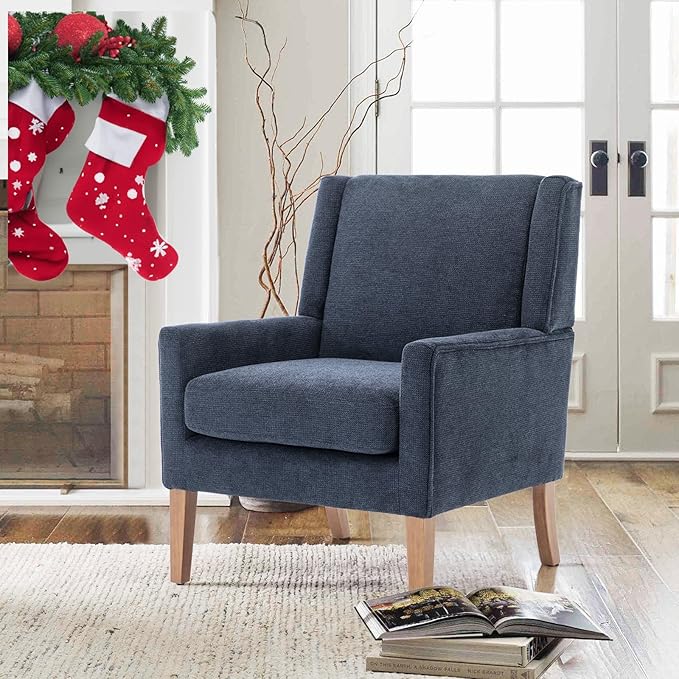 COLAMY Modern Wingback Living Room Chair, Upholstered Fabric Accent Armchair, Single Sofa chair with Lounge Seat and Wood Legs for Bedroom/Office/Reading Spaces, Blue - LeafyLoom