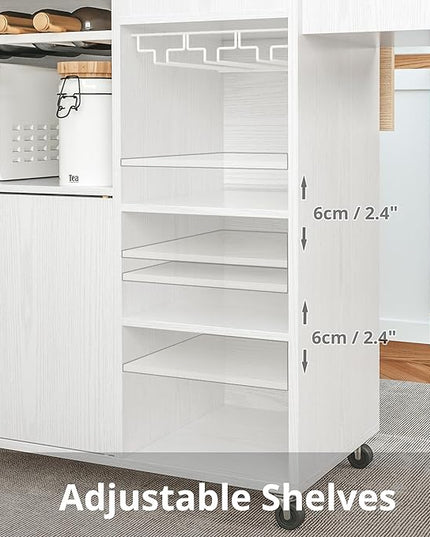 IRONCK Rolling Kitchen Island Cart with Drop-Leaf and Wine Rack, Microwave Rack Serving Cart on Wheels with Drawer & Shelves & Spice Rack & Cup Hanging, White - LeafyLoom