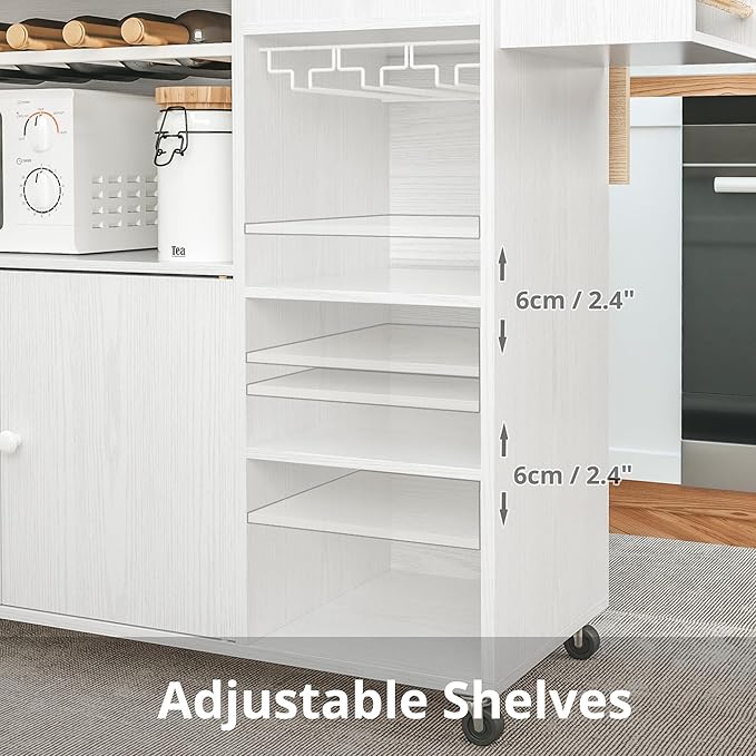 IRONCK Rolling Kitchen Island Cart with Drop-Leaf and Wine Rack, Microwave Rack Serving Cart on Wheels with Drawer & Shelves & Spice Rack & Cup Hanging, White - LeafyLoom