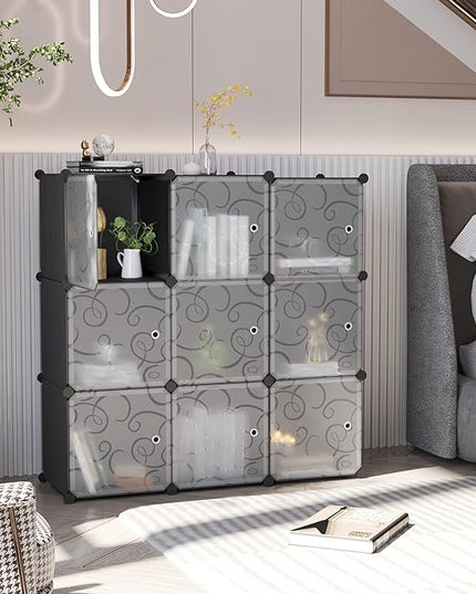 C&AHOME Cube Storage Organizer with Doors, 9-Cube Shelves, Closet Cabinet, DIY Plastic Modular Bookshelf, Storage Shelving Ideal for Bedroom, Living Room, 36.6”L x 12.4”W x 36.6”H Black USHS3009B-DOOR - LeafyLoom