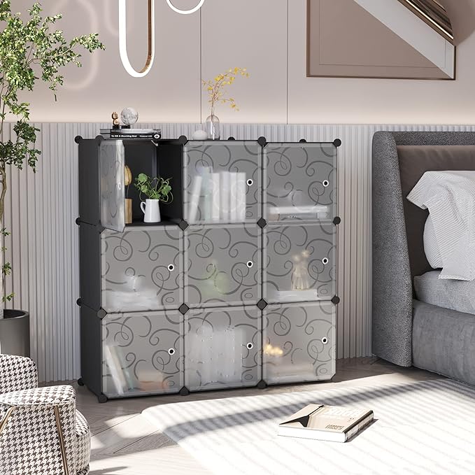 C&AHOME Cube Storage Organizer with Doors, 9-Cube Shelves, Closet Cabinet, DIY Plastic Modular Bookshelf, Storage Shelving Ideal for Bedroom, Living Room, 36.6”L x 12.4”W x 36.6”H Black USHS3009B-DOOR - LeafyLoom