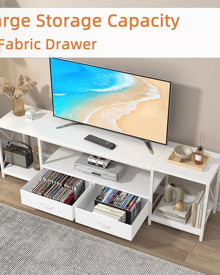 TV Stand with Fabric Drawers for 55 60 65 Inches TV - Entertainment Center and Industrial TV Console Table with Open Storage Shelves for Living Room, Bedroom - 55.1" White - LeafyLoom