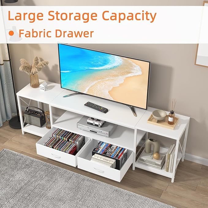 TV Stand with Fabric Drawers for 55 60 65 Inches TV - Entertainment Center and Industrial TV Console Table with Open Storage Shelves for Living Room, Bedroom - 55.1" White - LeafyLoom