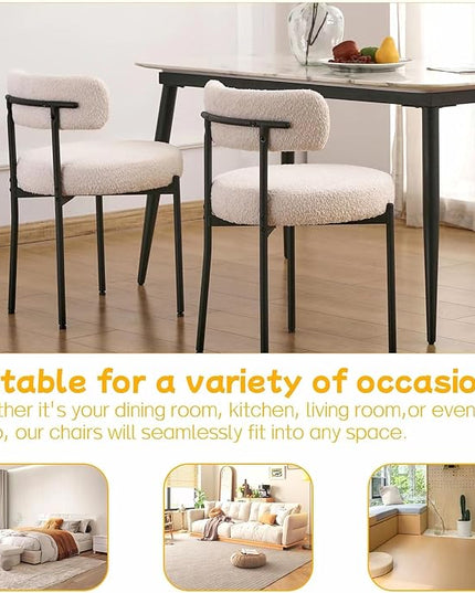 EDWELL White Dining Chairs Set of 6, Modern Dining Room Chairs with 3.94“ Cushions Mid-Century, Round Upholstered Boucle Chairs for Kitchen, Living Room, Kitchen Chairs with Black Metal Legs - LeafyLoom