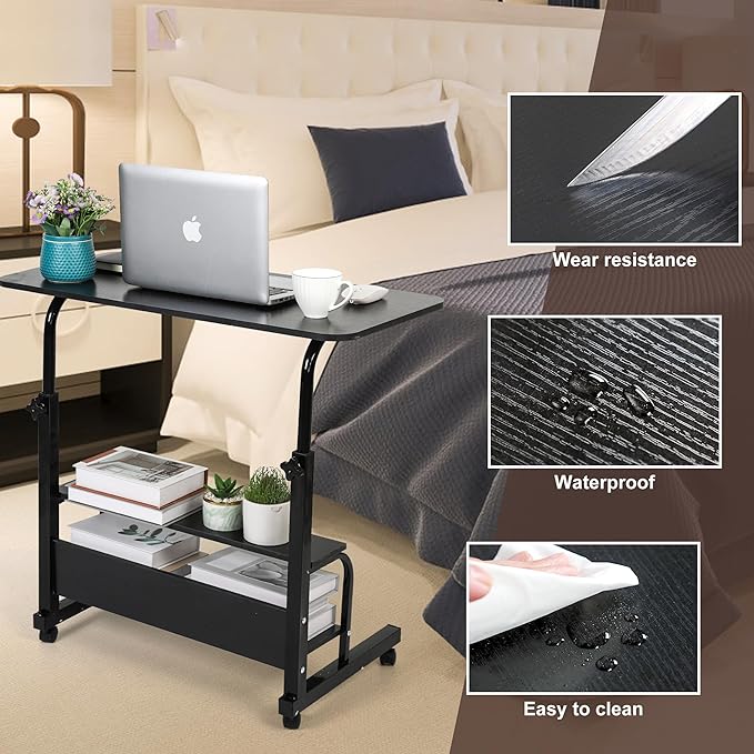 Adjustable Mobile Laptop Desk Portable Detachable Wheels Home Office Desk Height, Bedside Table Additional Storage Rack Small Spaces Veranda Office Desk Size 15.7 * 31.5 Inch Black - LeafyLoom