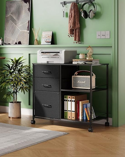 DEVAISE 3 Drawer Mobile File Cabinet, Rolling Printer Stand with Open Storage Shelf, Fabric Lateral Filing Cabinet fits A4 or Letter Size for Home Office, Black - LeafyLoom