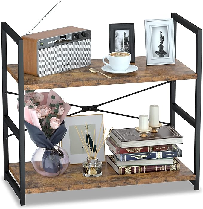 NUMENN 2 Tier Bookshelf, Tall Bookcase Shelf Storage Organizer, Modern Book Shelf for Bedroom, Living Room and Home Office, Vintage - LeafyLoom