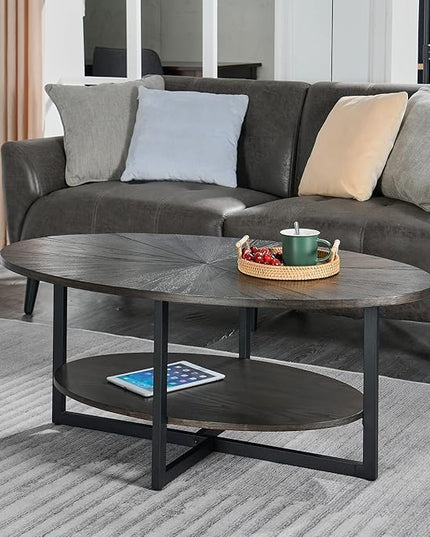 Solid Wood Oval Coffee Table with Cross Metal Legs, 43.3in Modern Industrail Center Table with Open Shelf Cocktail Tea Table for Living Room Bedroom, Rustic Black 1811BK - LeafyLoom