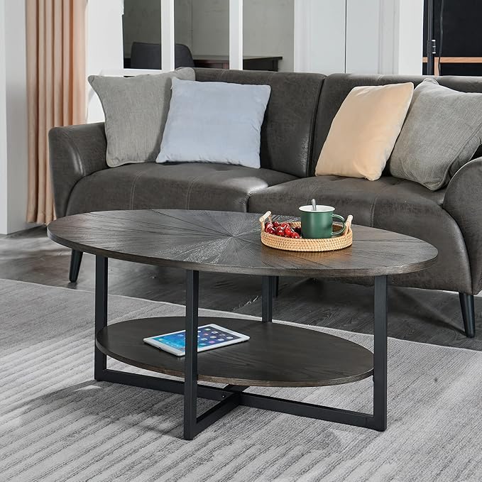 Solid Wood Oval Coffee Table with Cross Metal Legs, 43.3in Modern Industrail Center Table with Open Shelf Cocktail Tea Table for Living Room Bedroom, Rustic Black 1811BK - LeafyLoom