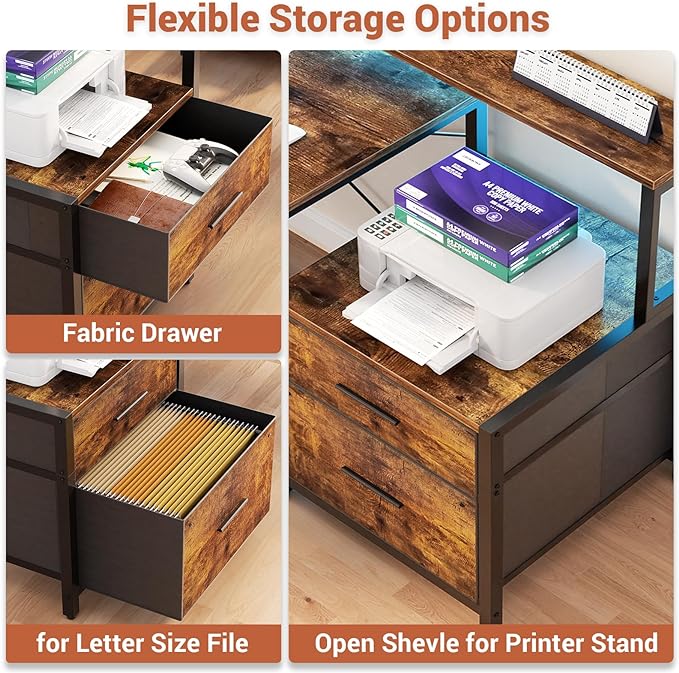 Aheaplus L Shaped Desk with File Drawer, 66" Reversible L Shaped Computer Desk with Power Outlet & LED Strip, Gaming Desk with Monitor Stand, Office Desk Corner Desk with Storage Shelf, Rustic Brown - LeafyLoom