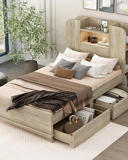 Merax Twin Size Bed Frame with Headboard and 2 Drawers,Kids Wood Platform Bed with Storage Underneath and Functional Headboard - LeafyLoom