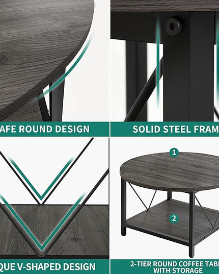 YITAHOME Coffee Tables for Living Room, Round Coffee Table, Small Coffee Table with Storage, 2 Tier Modern Coffee Table, Wood Circle Center Table with Metal Frame, Gray - LeafyLoom
