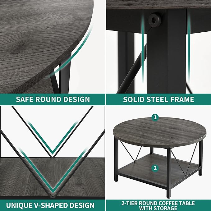 YITAHOME Coffee Tables for Living Room, Round Coffee Table, Small Coffee Table with Storage, 2 Tier Modern Coffee Table, Wood Circle Center Table with Metal Frame, Gray - LeafyLoom