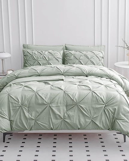 LANE LINEN California King Comforter Set, 7 Piece Cal King Bed in a Bag, Pintuck Cal King Bedding Set, Soft Cali King Bed Set, Cal King Bed Comforter Sets with Sheets, Pillowcases & Shams - Mineral - LeafyLoom