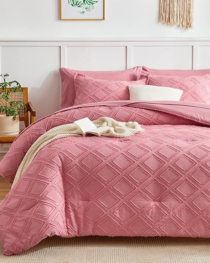 6 Pieces Tufted Bed in a Bag Twin Comforter Set with Sheets Pink, Soft and Embroidery Shabby Chic Boho Bohemian, Luxury Solid Color with Diamond Pattern, Jacquard Tufts Bedding Set for Kids Girls - LeafyLoom