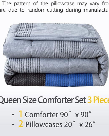 Andency Stripe Comforter Set Queen Size (90x90 Inch), 3 Pieces Gray and Blue Patchwork Striped Comforter, Soft Microfiber Down Alternative Comforter Bedding Set with Corner Loops - LeafyLoom