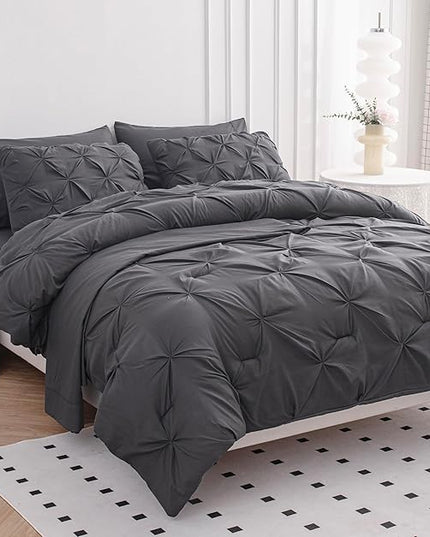 LANE LINEN King Size Comforter Set with Sheets, Pillowcases & Shams, 7 Piece Bed in a Bag Set King Size, Pintuck King Bed Comforter Set, Soft King Bedding Set, Pinch Pleated King Size Bed Set - Grey - LeafyLoom