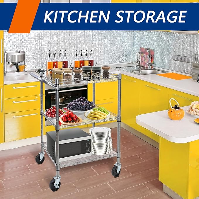 3 Tier Heavy Duty Rolling Utility Cart,18" D x 30" W x 36.6" H Rolling Carts with Wheels,Commercial Grade Metal Cart with Handle Bar & Shelf Liner,Trolley Serving Storage Cart for Kitchen Silver - LeafyLoom