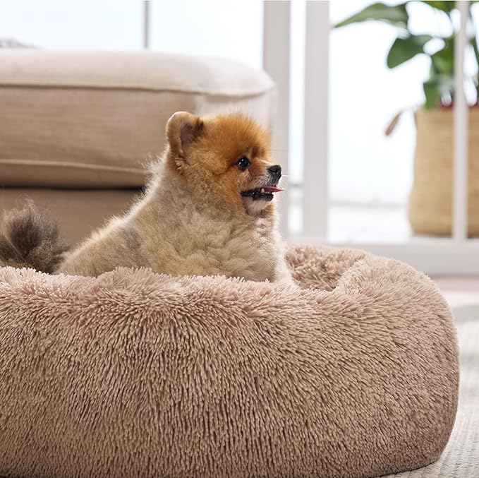 Bedsure Calming Dog Bed for Small Medium Dogs - Donut Washable Medium Pet Bed, 27 inches Anti-Slip Round Fluffy Plush Faux Fur Cat Bed, Camel BEDSURE