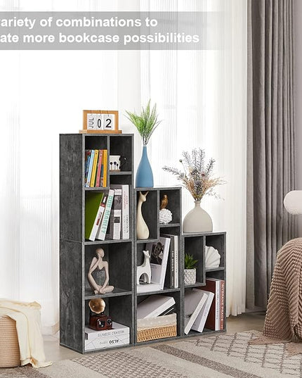 VECELO 3-Tier Small Bookcase, 4 Cube Bookshelf with Height Difference Shelves for Most Books, Modern Floor Standing Unit, Each Shelf Hold Up to 66 LBS for Living Room Bedroom, Grey - LeafyLoom