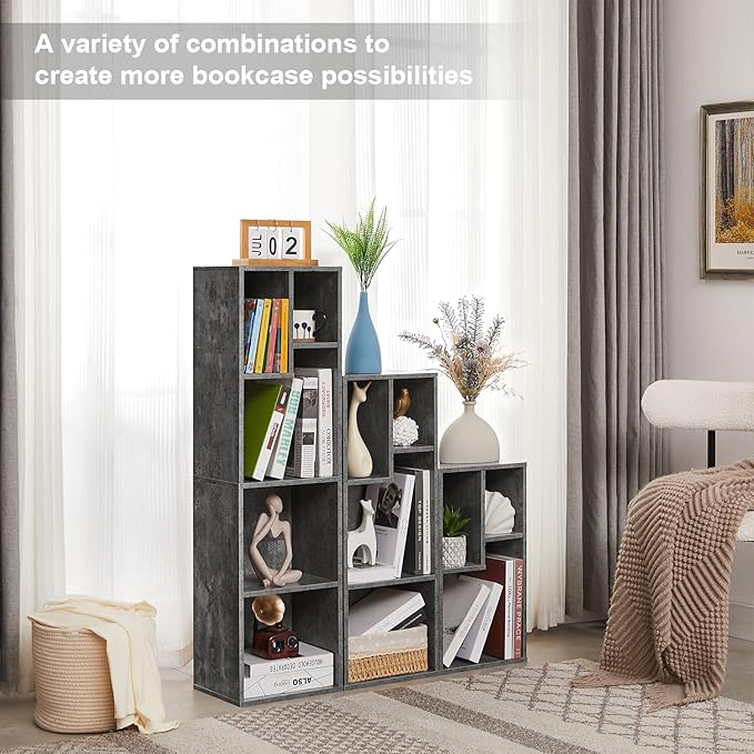 VECELO 3-Tier Small Bookcase, 4 Cube Bookshelf with Height Difference Shelves for Most Books, Modern Floor Standing Unit, Each Shelf Hold Up to 66 LBS for Living Room Bedroom, Grey - LeafyLoom