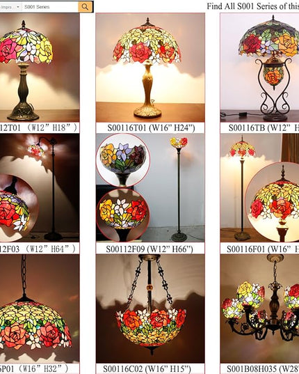 WERFACTORY Tiffany Floor Lamp Red Rose Flower Stained Glass Arched Lamp 10X18X64 Inches Gooseneck Adjustable Corner Standing Reading Light Decor Bedroom Living Room S001 Series - LeafyLoom