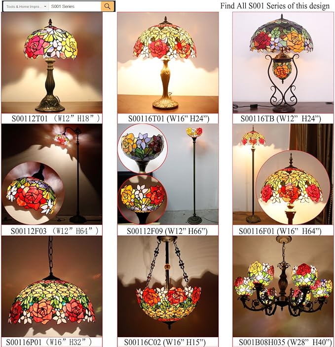 WERFACTORY Tiffany Floor Lamp Red Rose Flower Stained Glass Arched Lamp 10X18X64 Inches Gooseneck Adjustable Corner Standing Reading Light Decor Bedroom Living Room S001 Series - LeafyLoom