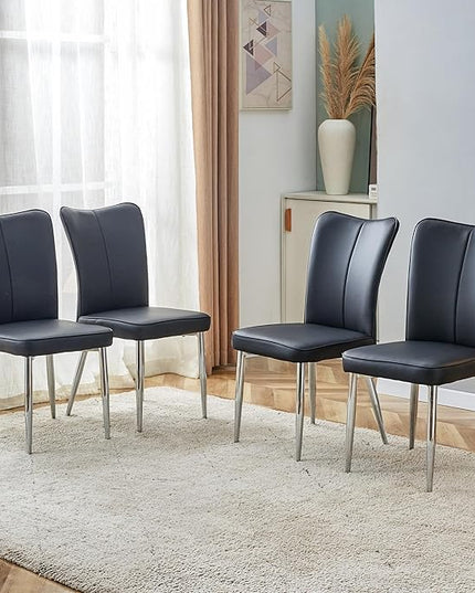 Modern Dining Chairs Set of 4, PU Leather Seat Cushions Black Dining Room Chair, with Silver Metal Legs Kitchen Chair for Home Living Room, Restaurant, Black Chair Silver Legs - LeafyLoom