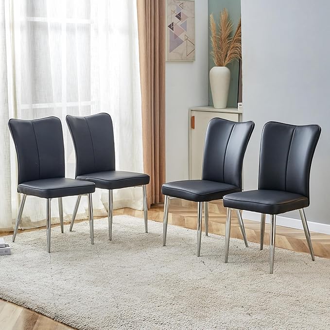 Modern Dining Chairs Set of 4, PU Leather Seat Cushions Black Dining Room Chair, with Silver Metal Legs Kitchen Chair for Home Living Room, Restaurant, Black Chair Silver Legs - LeafyLoom