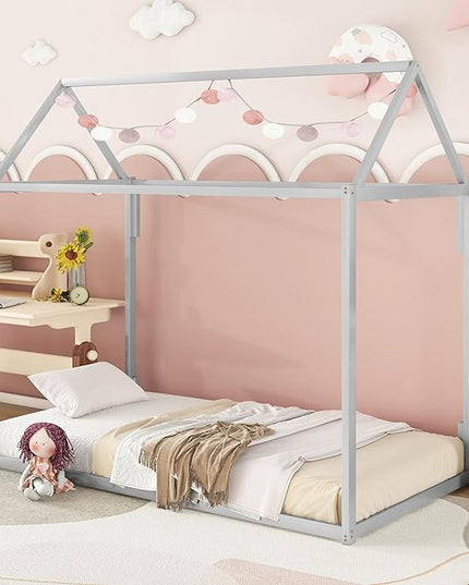 Metal Twin Size Montessori Floor Bed for Kids,Floor Bed Twin,House Bed with Slats for Boys Girls,Metal House Shape Platform Bed,No Spring Box Required,Silver - LeafyLoom