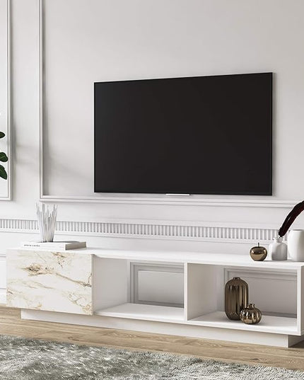 Modern TV Stand up to 75 inch Entertainment Center with Storage Mid-Century Smart Led TV for Living Room 70" TVs End Table, Lepando, White&Marble - LeafyLoom