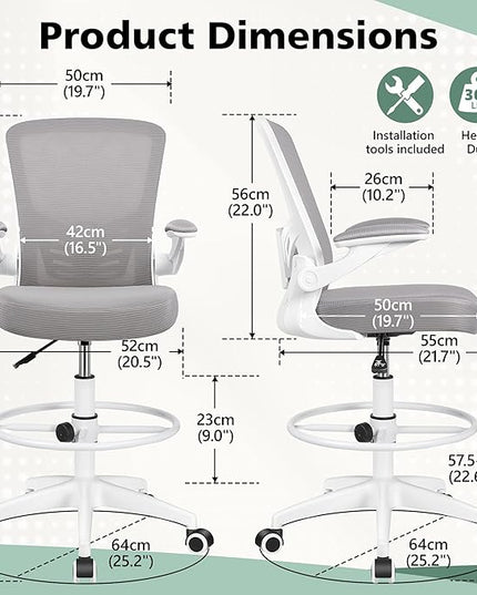 MINLOVE Drafting Office Chair, Ergonomic Tall Office Chair with Flip-up Armrests Executive Ergonomic Computer Standing Desk Chair with Lumbar Support and Adjustable Footrest(Gray) - LeafyLoom