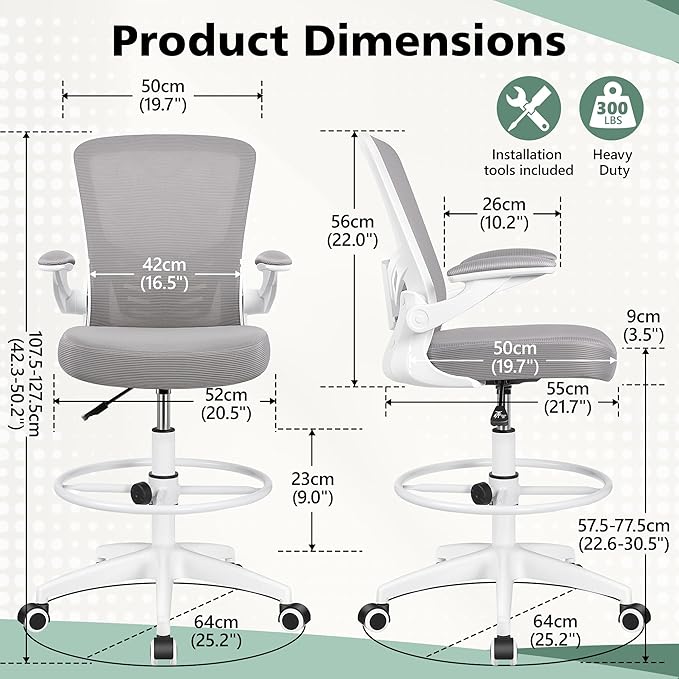 MINLOVE Drafting Office Chair, Ergonomic Tall Office Chair with Flip-up Armrests Executive Ergonomic Computer Standing Desk Chair with Lumbar Support and Adjustable Footrest(Gray) - LeafyLoom